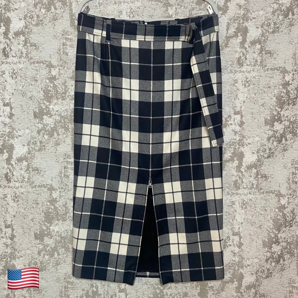 Max Mara Virgin Wool Check Belted Midi Skirt with Zip Detail in Black/White